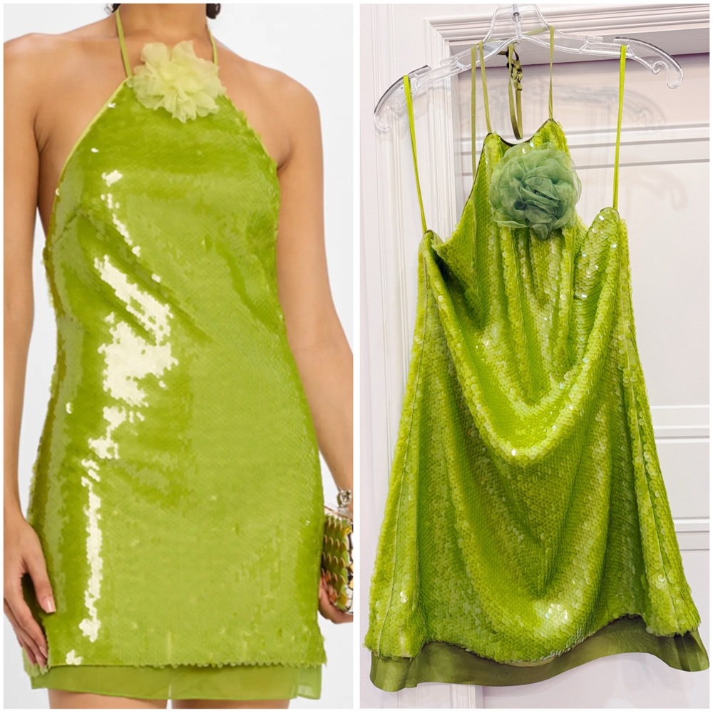NWT Toccin Micky Sequined Halter Mini Dress Size 8 Organza Electric Lime $695